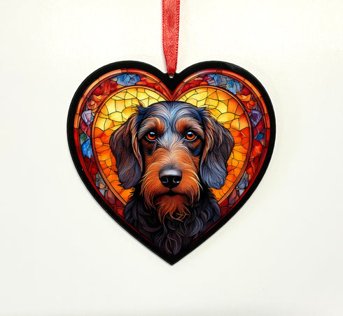Dachshund Wirehaired Stained Glass Effect Heart Suncatcher